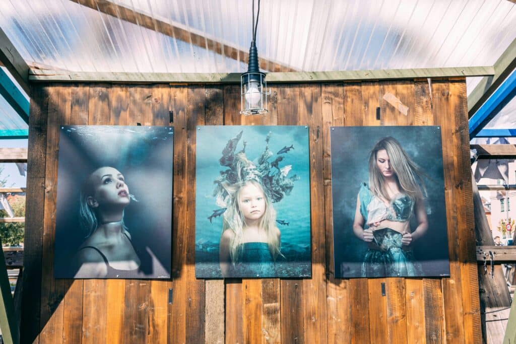 blue themed photographic fine art portraits printed and hanging on board wood wall