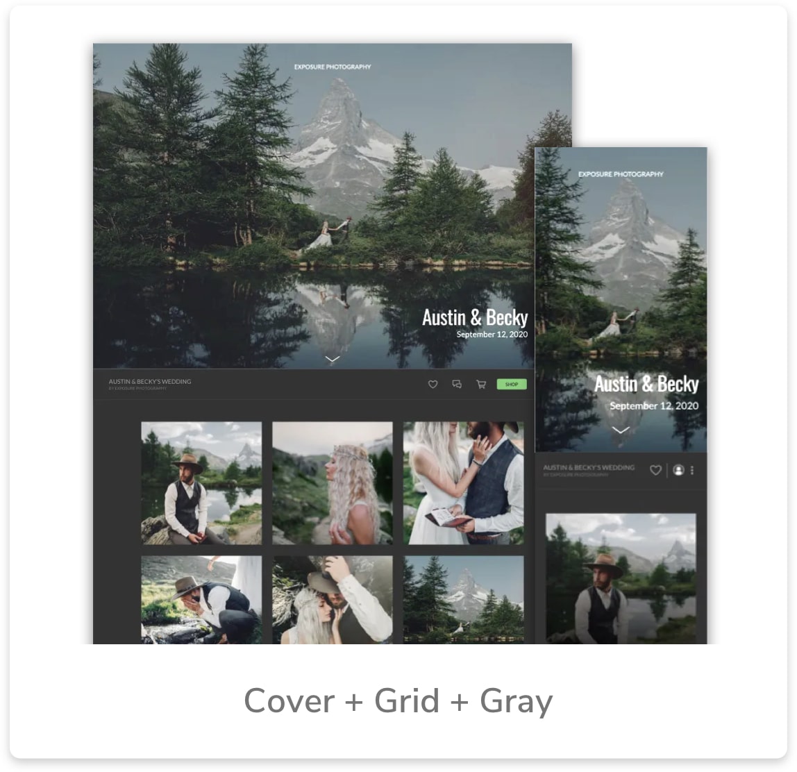 Wedding photo website mockups: gray theme, grid of photos, large cover image of couple by lake with mountain backdrop