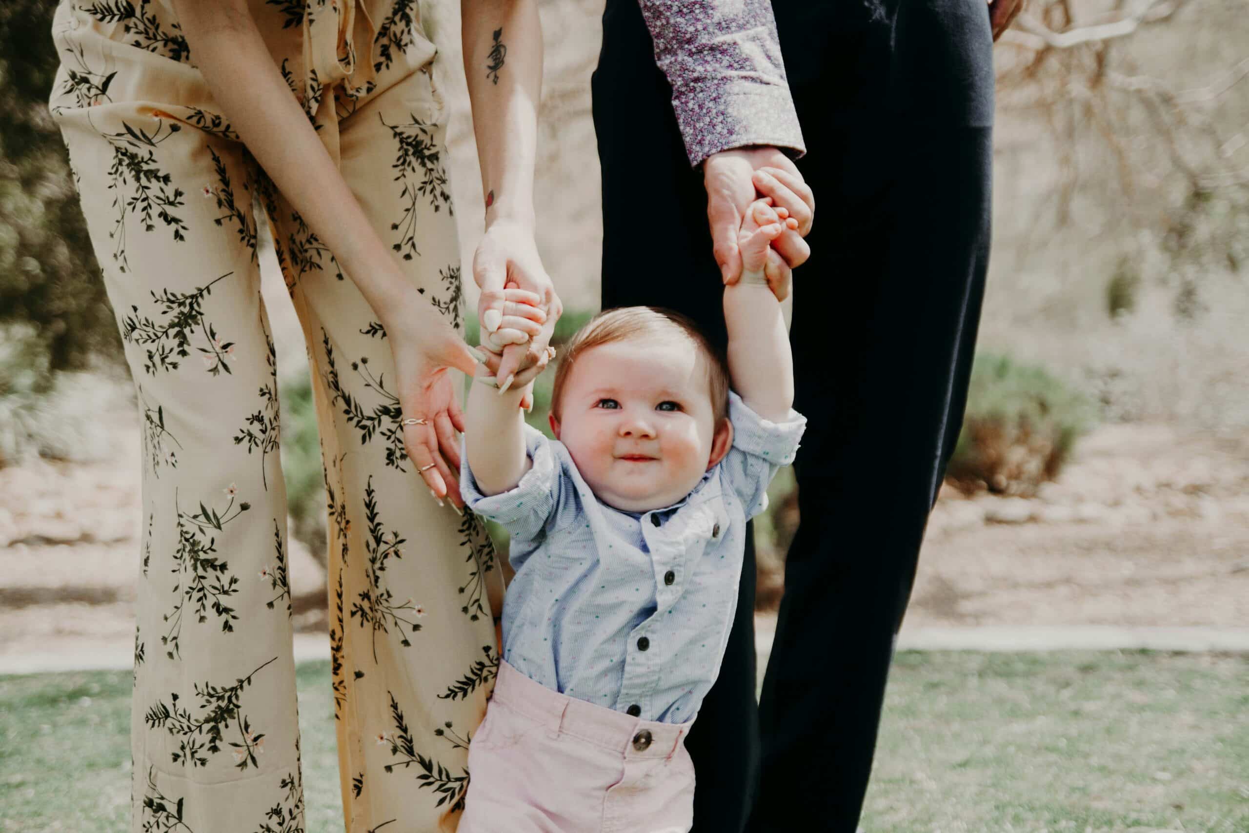 portrait of toddler standing and holding parents' hands, the parents' upper bodies cropped at the waist