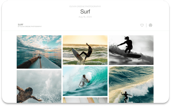 Grid of surfing photos: surfers riding waves, ocean views. Olivia Greene Photography