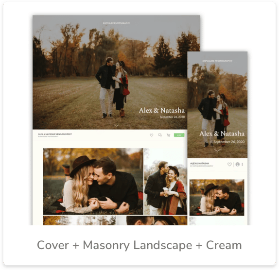 Engagement photo website mockup: couple's photos in autumn setting; desktop and mobile views shown