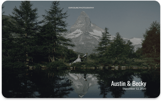 Wedding photo: Bride and groom by a lake, Matterhorn mountain in background. Austin and Becky, September 12, 2020 text below