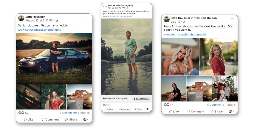 3 examples of how Seith Haussler market himself on Facebook